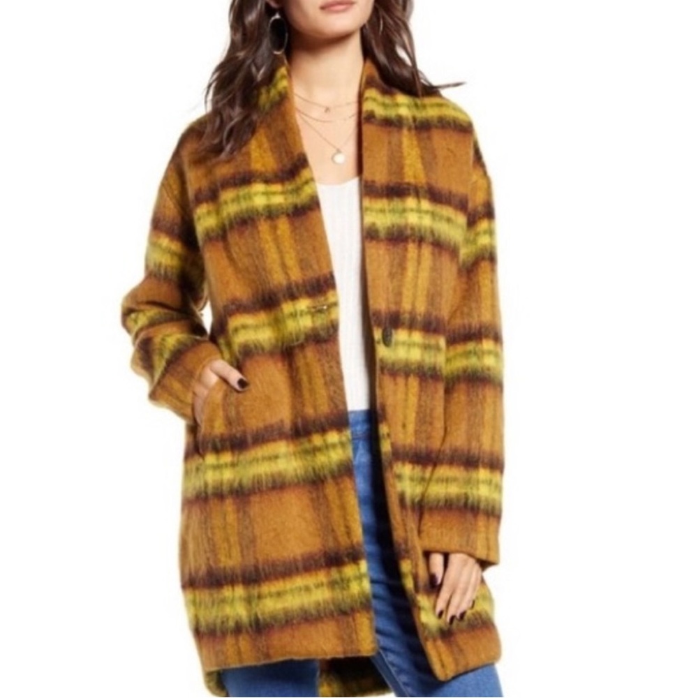 Yellow Marigold Plaid Oversized single Button Coat